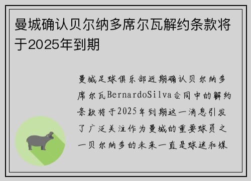 曼城确认贝尔纳多席尔瓦解约条款将于2025年到期 曼城确认贝尔纳多席尔瓦解约条款将于2025年到期