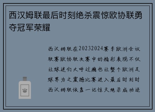 西汉姆联最后时刻绝杀震惊欧协联勇夺冠军荣耀 西汉姆联最后时刻绝杀震惊欧协联勇夺冠军荣耀